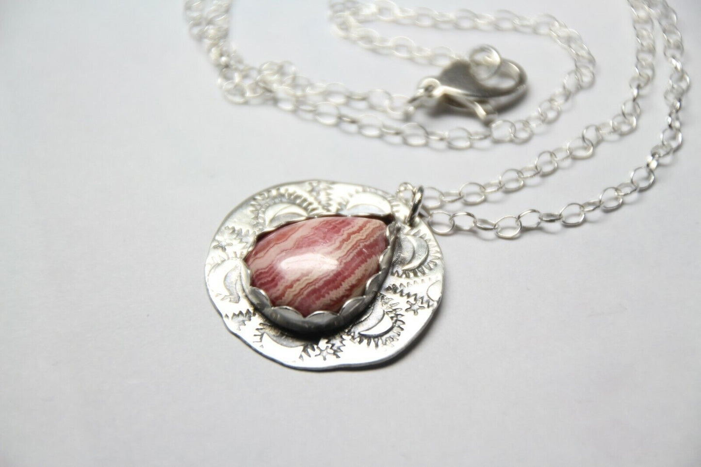 Pink Rhodochrosite Cabochon Gemstone .925 Sterling Silver Stamped Pendant 18"