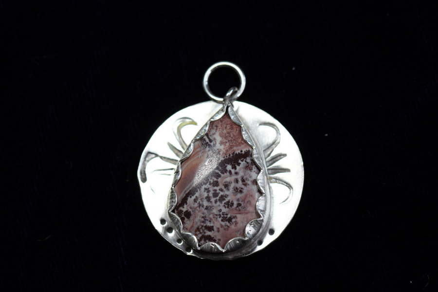 Jasper Brown & Pink Cabochon Natural Gemstone .925 Sterling Silver Pendant 1"