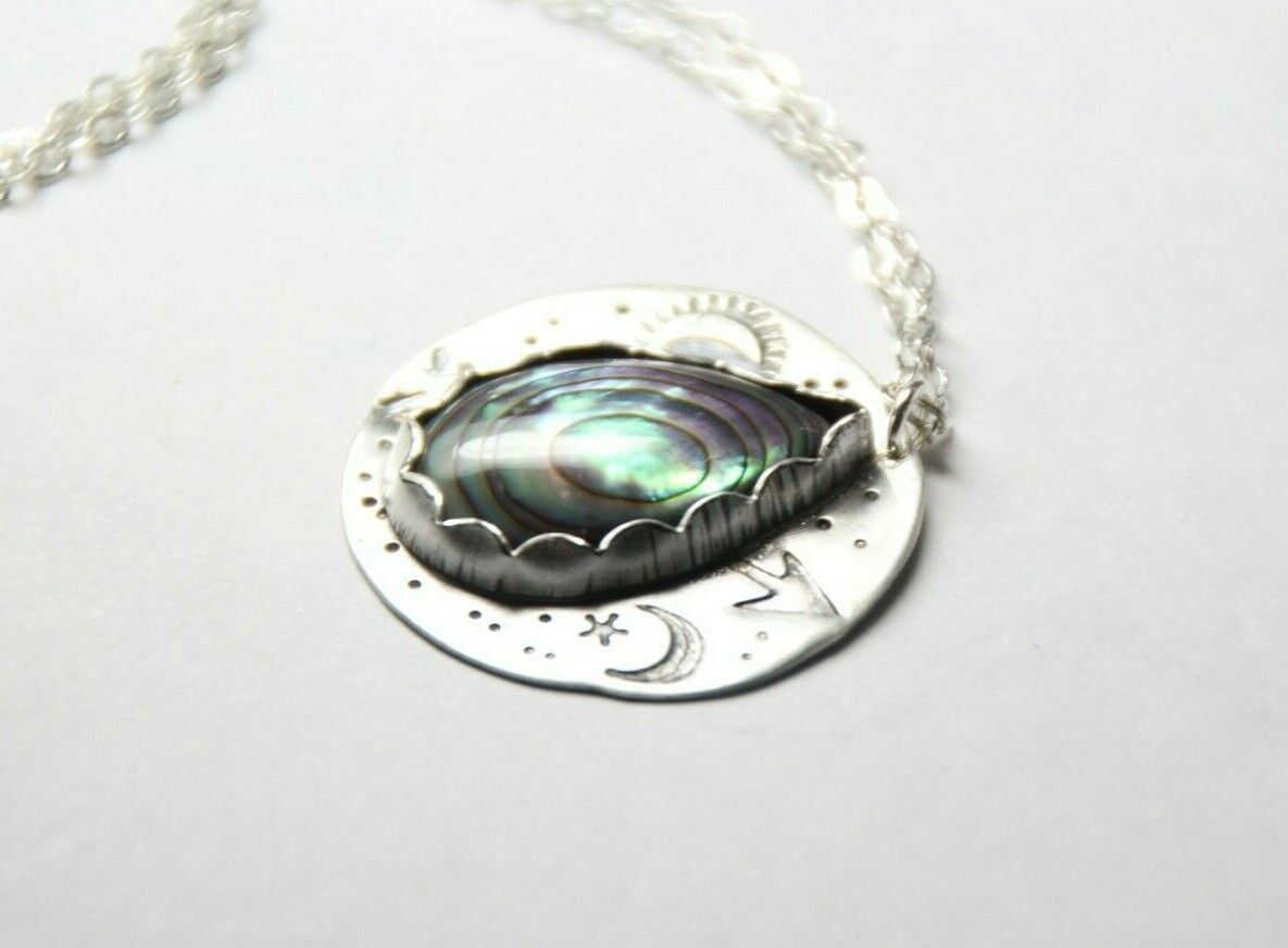 Abalone Shell Cabochon .925 Sterling Silver Stamped Pendant Chain Necklace 18"