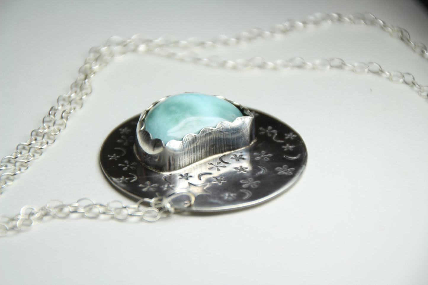 Larimar Blue Cabochon Gemstone .925 Sterling Silver Pendant Chain 18" Necklace