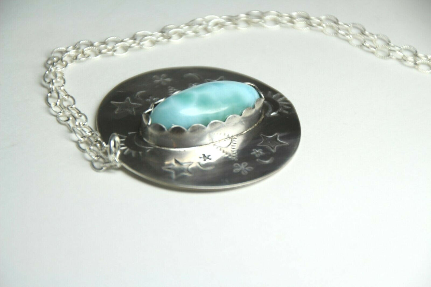 Larimar Blue Cabochon Gemstone .925 Sterling Silver Pendant Chain 18" Necklace