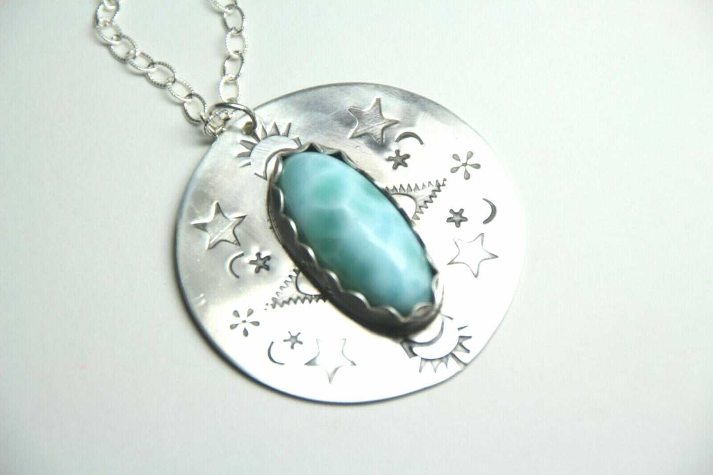 Larimar Blue Cabochon Gemstone .925 Sterling Silver Pendant Chain 18" Necklace