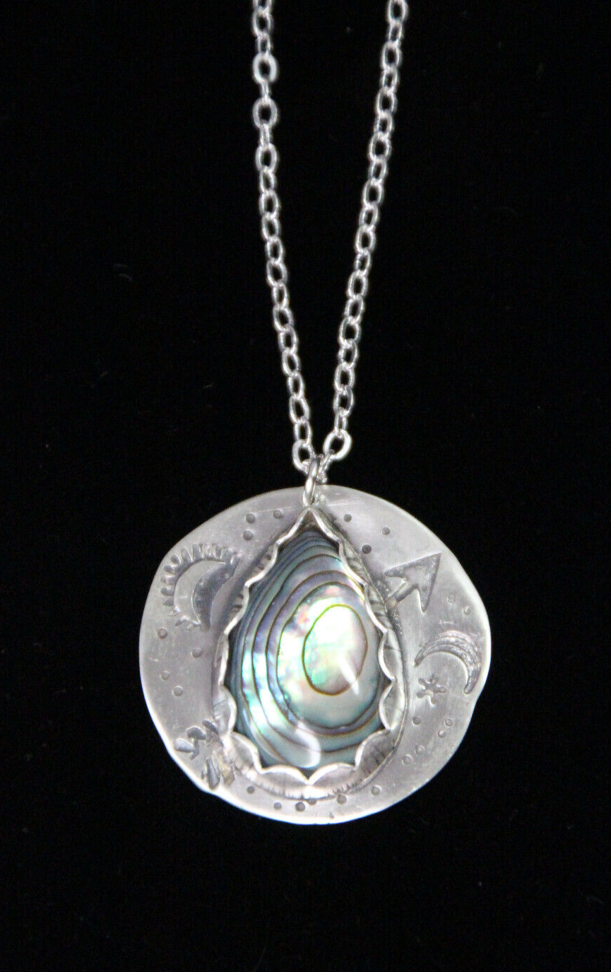 Abalone Shell Cabochon .925 Sterling Silver Stamped Pendant Chain Necklace 18"