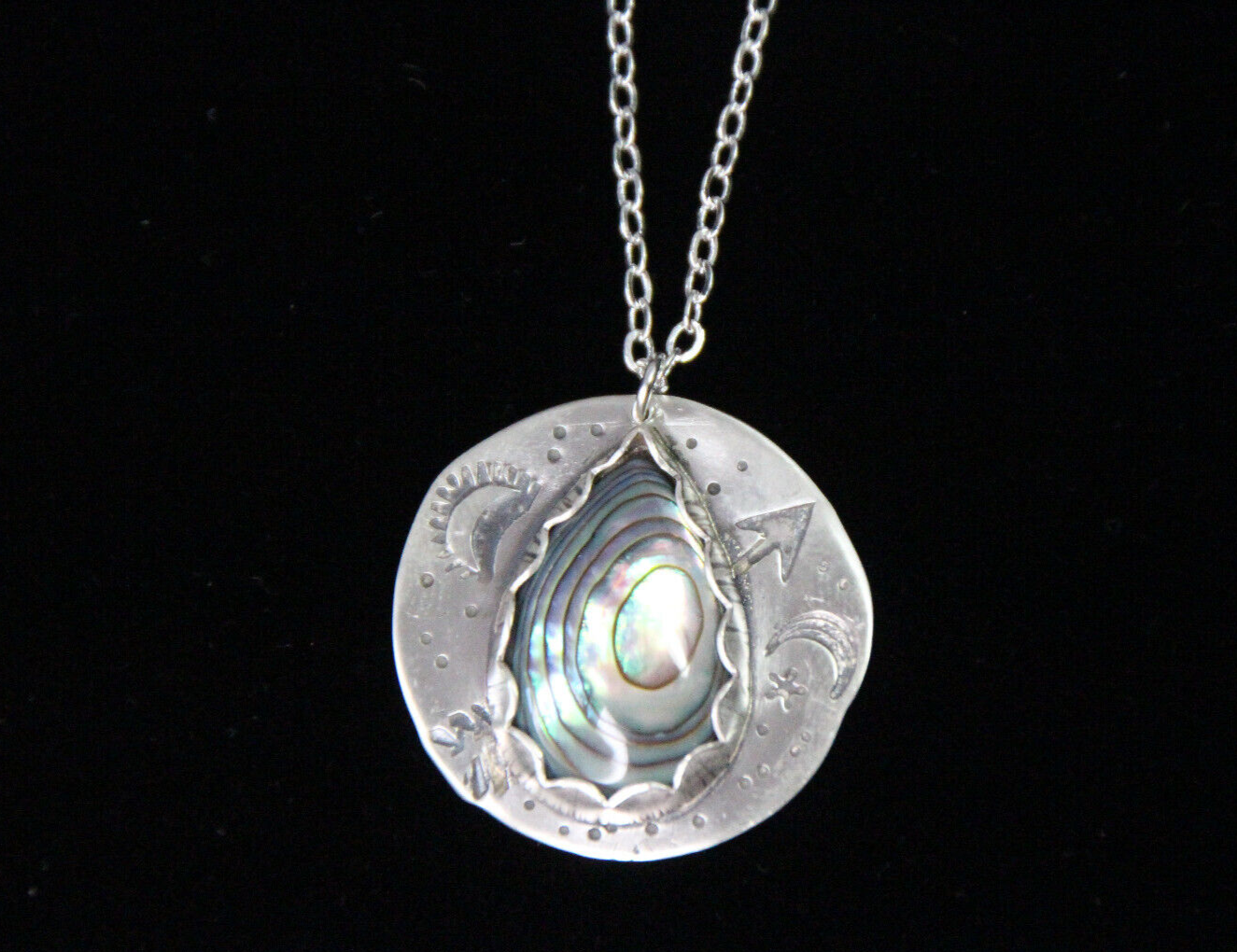 Abalone Shell Cabochon .925 Sterling Silver Stamped Pendant Chain Necklace 18"