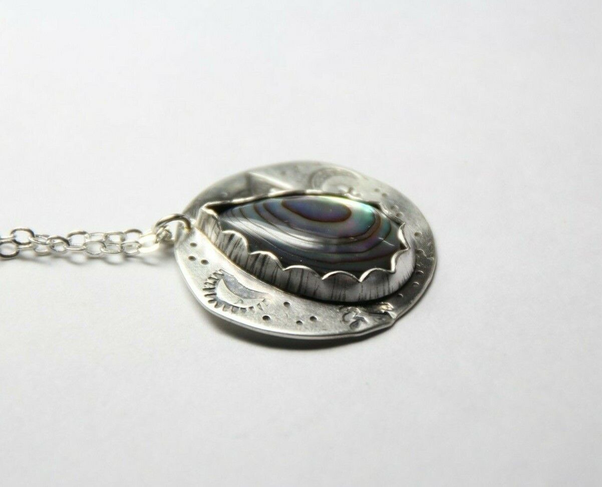 Abalone Shell Cabochon .925 Sterling Silver Stamped Pendant Chain Necklace 18"