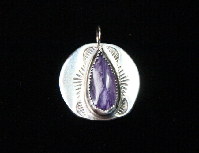 Charoite Purple Cabochon Natural Gemstone .925 Sterling Silver Bezel Pendant 1"