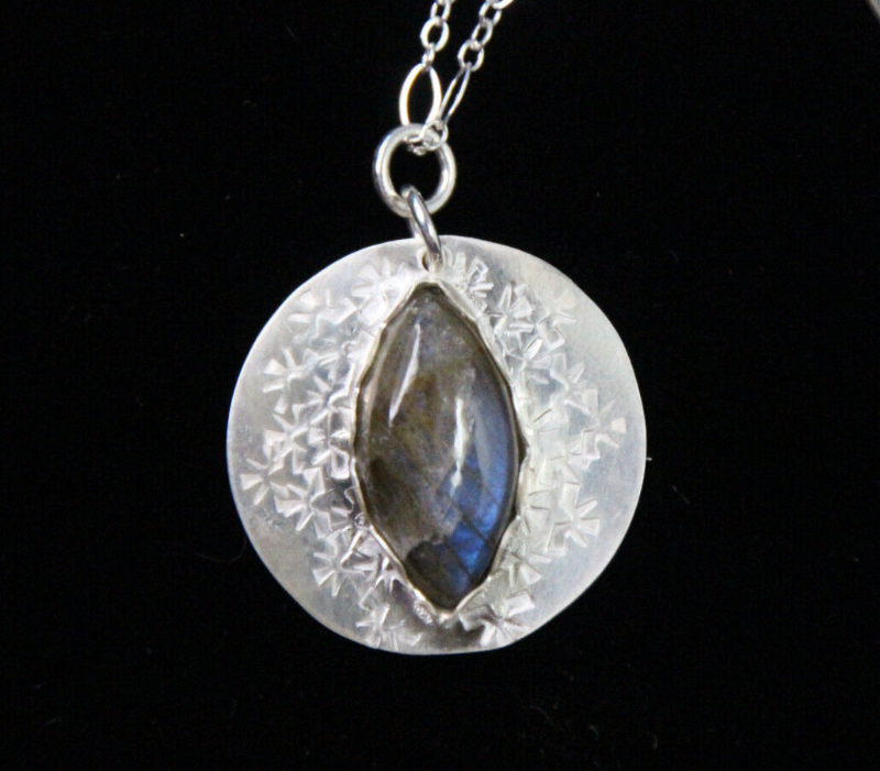 Labradorite Cabochon Gemstone 1" Pendant .925 Sterling Silver Chain Necklace 18"