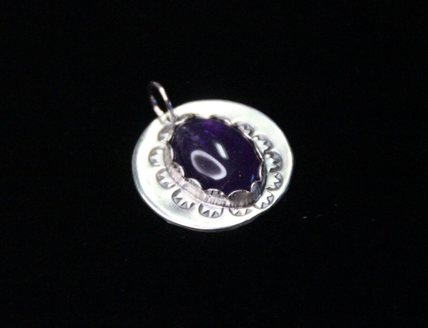 Amethyst Purple Oval Cabochon Gemstone Sterling Silver .925 Pendant Necklace 1"