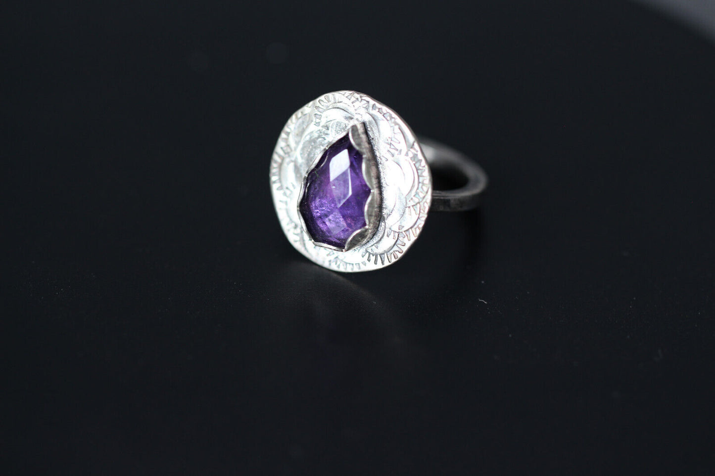 Amethyst Purple Faceted Cabochon Gemstone .925 Sterling Silver Ring Size 8.5