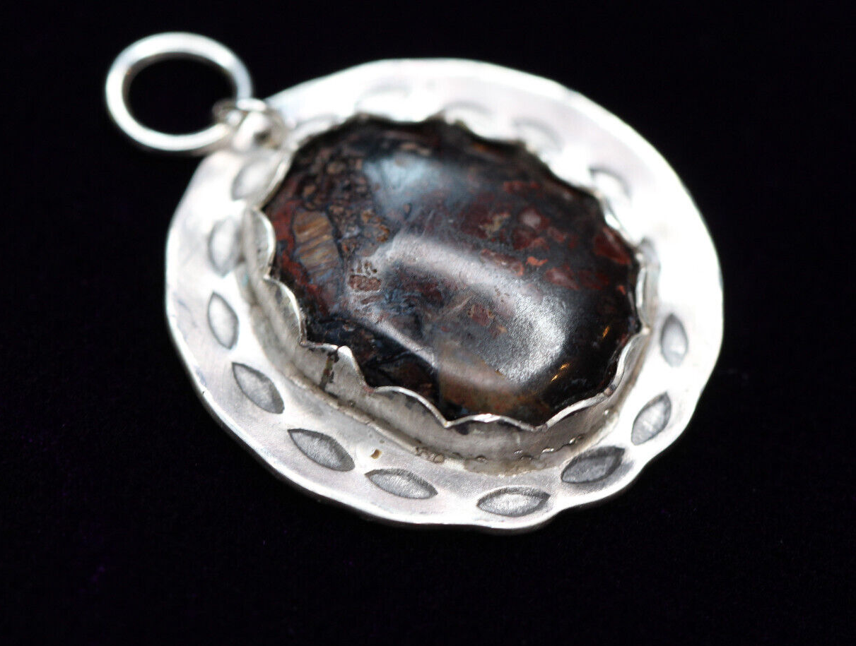 Petrified Wood Brown Cabochon Gemstone Sterling Silver .925 Bezel Pendant 1"