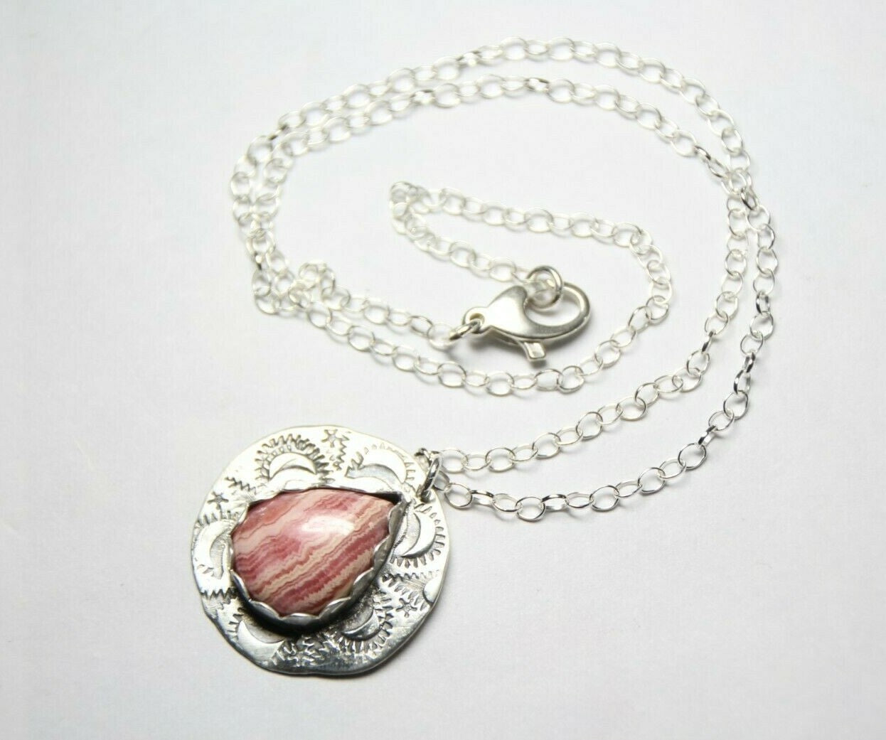 Pink Rhodochrosite Cabochon Gemstone .925 Sterling Silver Stamped Pendant 18"