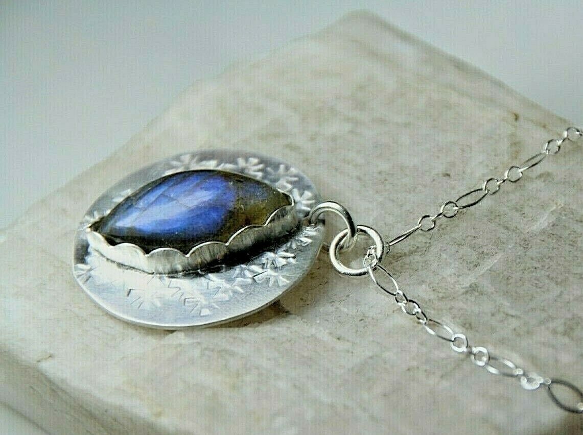 Labradorite Cabochon Gemstone 1" Pendant .925 Sterling Silver Chain Necklace 18"