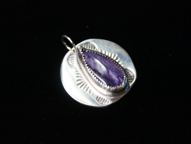Charoite Purple Cabochon Natural Gemstone .925 Sterling Silver Bezel Pendant 1"