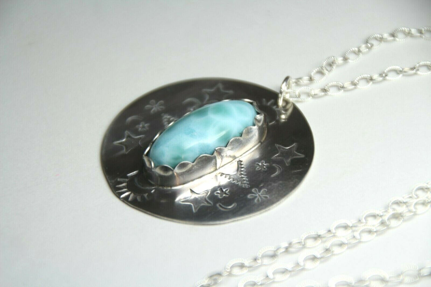 Larimar Blue Cabochon Gemstone .925 Sterling Silver Pendant Chain 18" Necklace