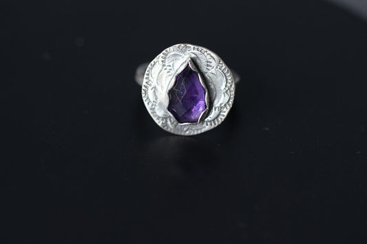 Amethyst Purple Faceted Cabochon Gemstone .925 Sterling Silver Ring Size 8.5