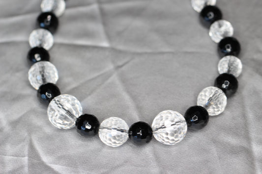Black and Clear White Design Quartz Crystal and Black Onyx Natural Faceted Gemstone Graduated Necklace