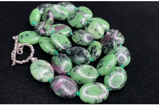 Ruby Zoisite 18mm Oval Gemstone Necklace Silk Knotted Hand Tied 22" Long green