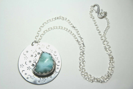 Larimar Blue Cabochon Gemstone .925 Sterling Silver Pendant Chain 18" Necklace