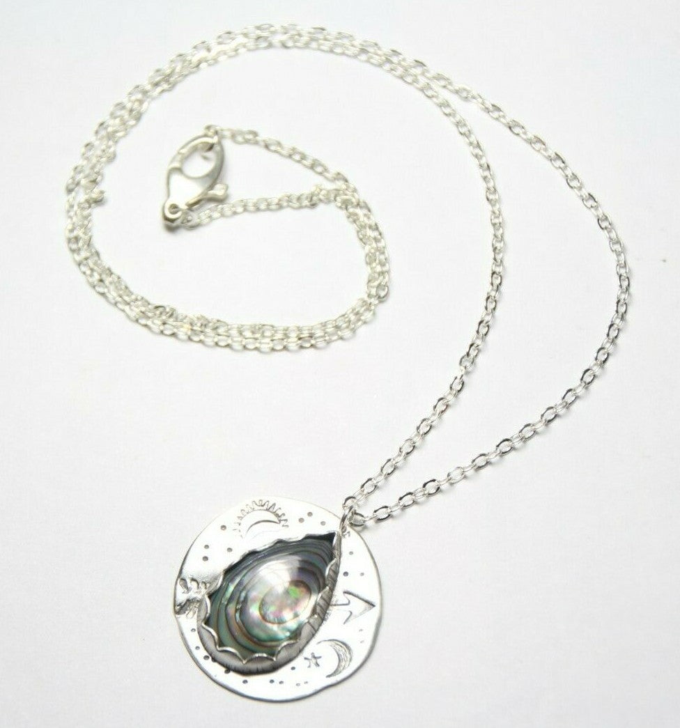 Abalone Shell Cabochon .925 Sterling Silver Stamped Pendant Chain Necklace 18"