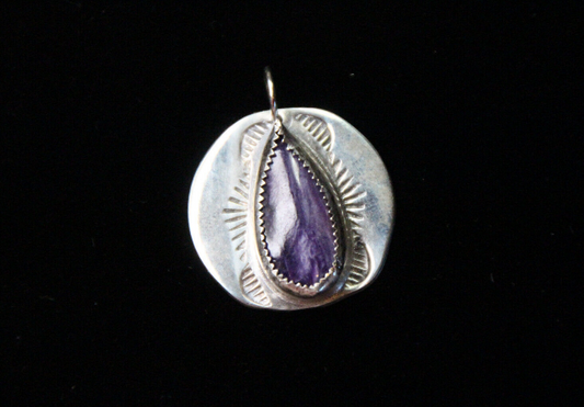 Charoite Purple Cabochon Natural Gemstone .925 Sterling Silver Bezel Pendant 1"