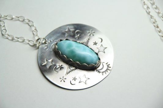 Larimar Blue Cabochon Gemstone .925 Sterling Silver Pendant Chain 18" Necklace