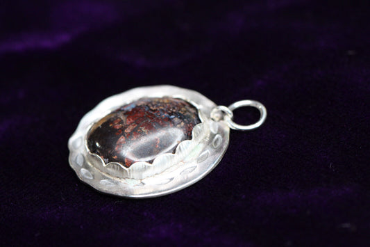 Petrified Wood Brown Cabochon Gemstone Sterling Silver .925 Bezel Pendant 1"
