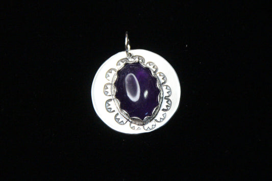 Amethyst Purple Oval Cabochon Gemstone Sterling Silver .925 Pendant Necklace 1"