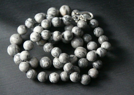 Jasper Gray Natural 8 & 10mm Ball Gemstone Silk Knotted Hand Tied Necklace 26"