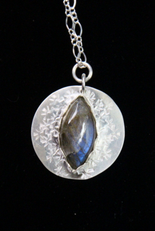 Labradorite Cabochon Gemstone 1" Pendant .925 Sterling Silver Chain Necklace 18"