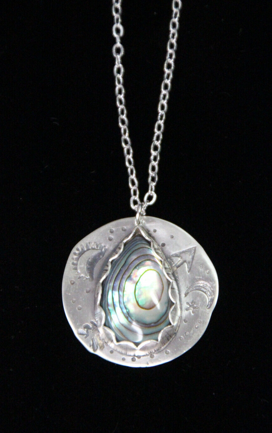 Abalone Shell Cabochon .925 Sterling Silver Stamped Pendant Chain Necklace 18"