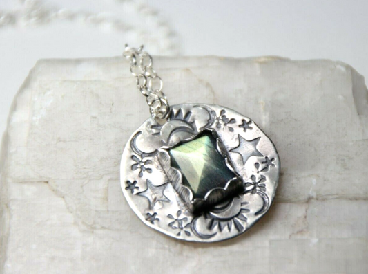 Labradorite Cabochon Gemstone .925 Sterling Silver Stamped Pendant Necklace 18"