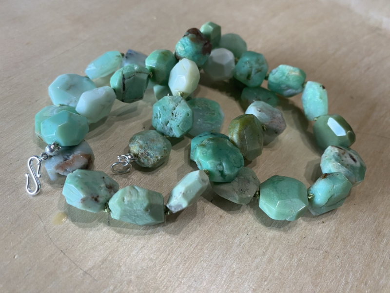 Chrysoprase Green Octagon Shape Natural Gemstone Silk Knot Hand Tie Necklace 23"