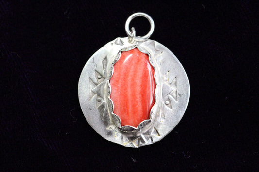 Spiny Oyster Oval Cabochon Natural Shell Gemstone 925 Sterling Silver Pendant 1"