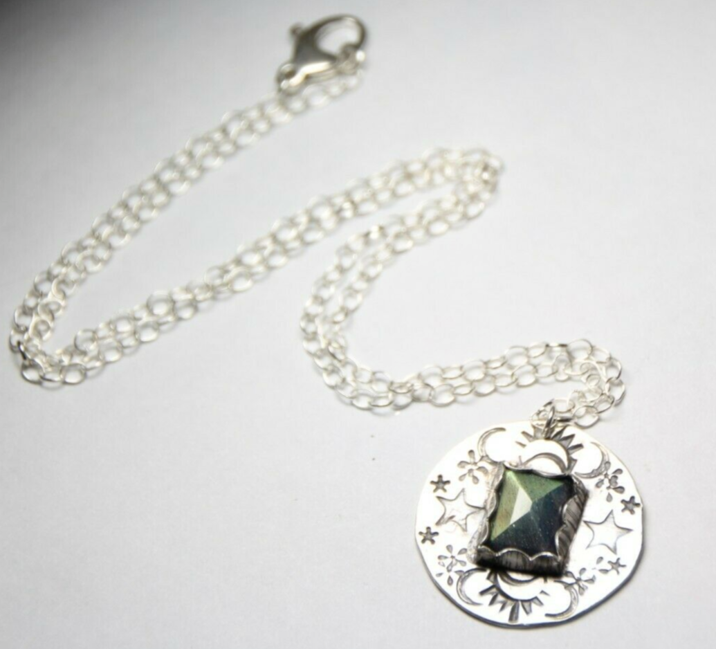 Labradorite Cabochon Gemstone .925 Sterling Silver Stamped Pendant Necklace 18"