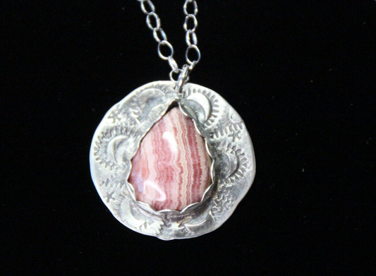Pink Rhodochrosite Cabochon Gemstone .925 Sterling Silver Stamped Pendant 18"